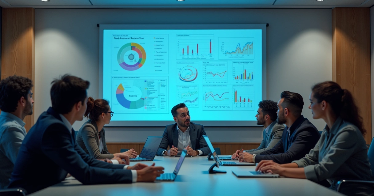 Reunião de equipe analisando gráficos em sala de reunião 