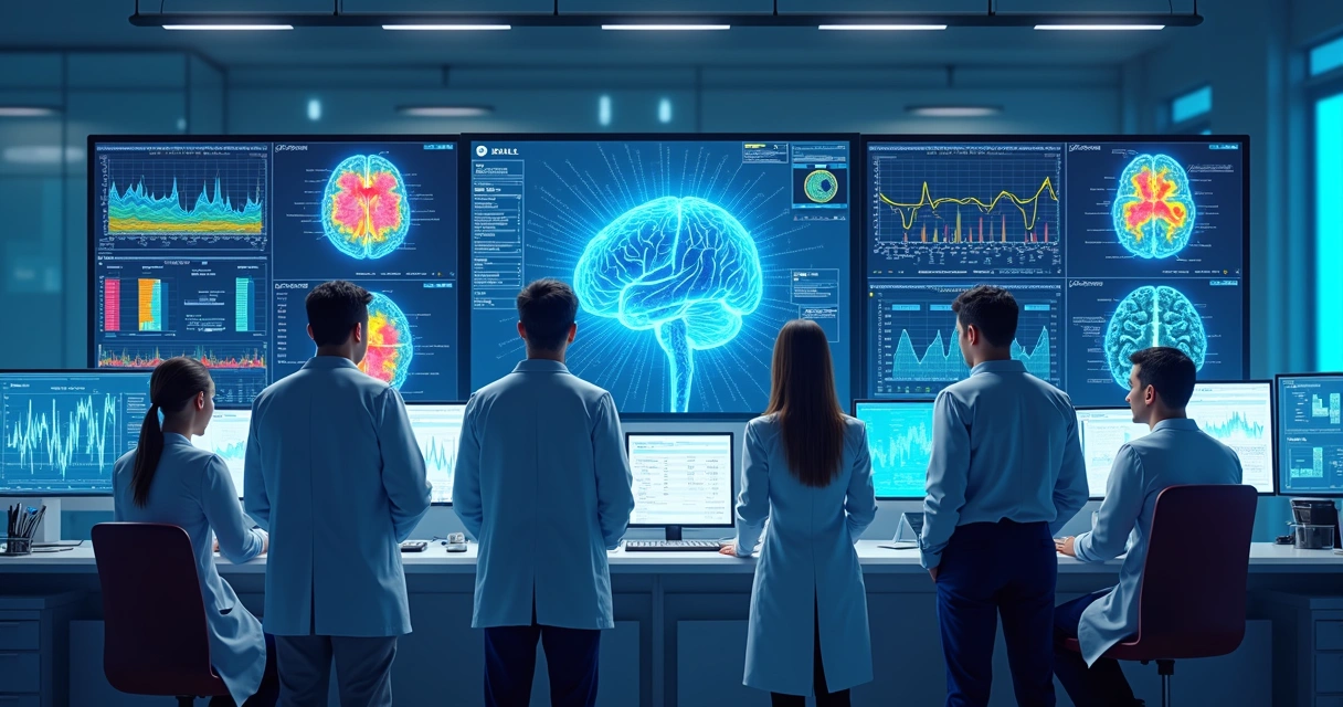 Representação digital de profissionais e IA analisando dados cerebrais em tela 