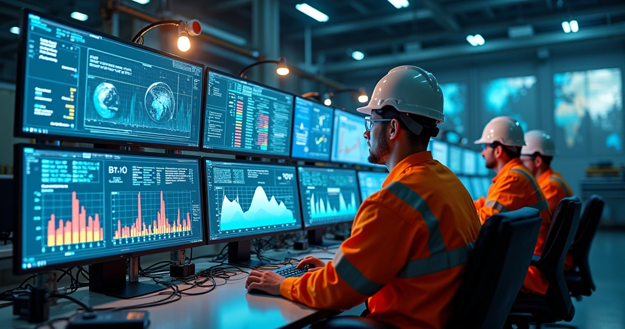 Ambiente industrial com sensores conectados, monitores mostrando gráficos de IA 
