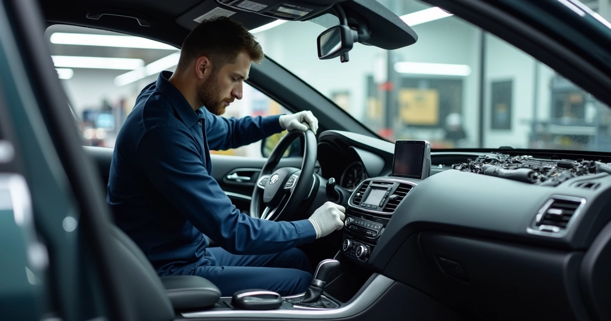 Diagnóstico interno de veículo em oficina automotiva