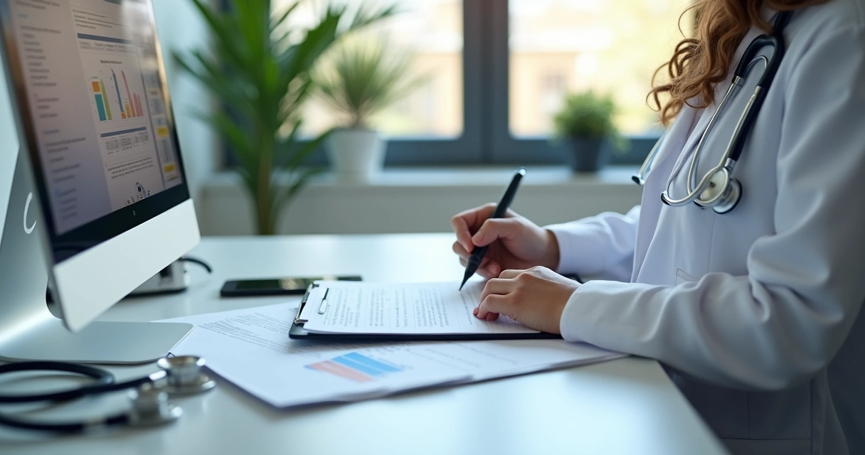 Profissional da saúde analisando anotações nutricionais do paciente em consultório 