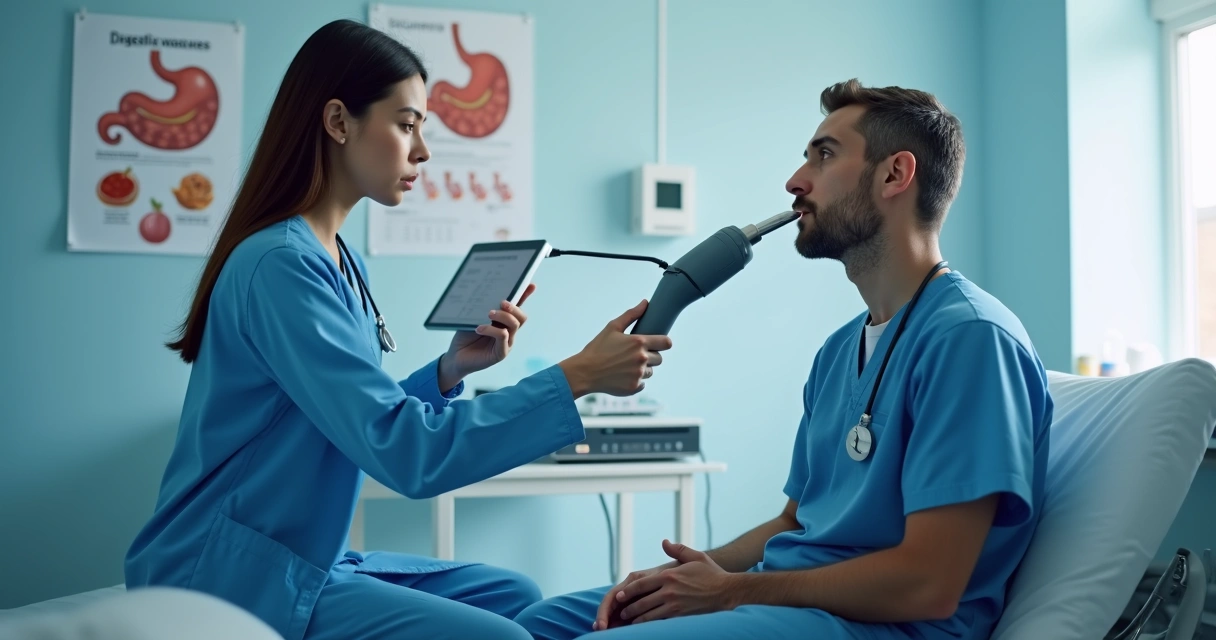 Profissional de saúde fazendo teste respiratório em paciente 