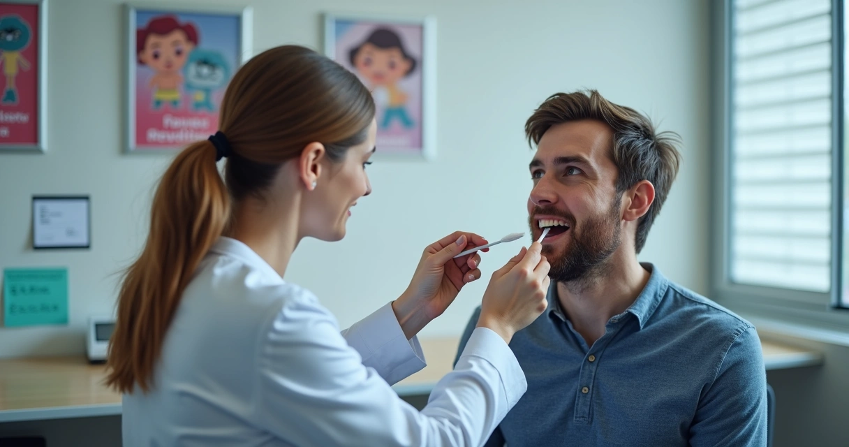 Profissional coleta amostra para exame de IST em consultório 