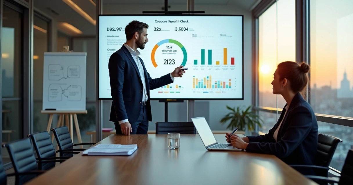 Advogado mostra painel de controle jurídico para empresária em sala de reunião moderna 