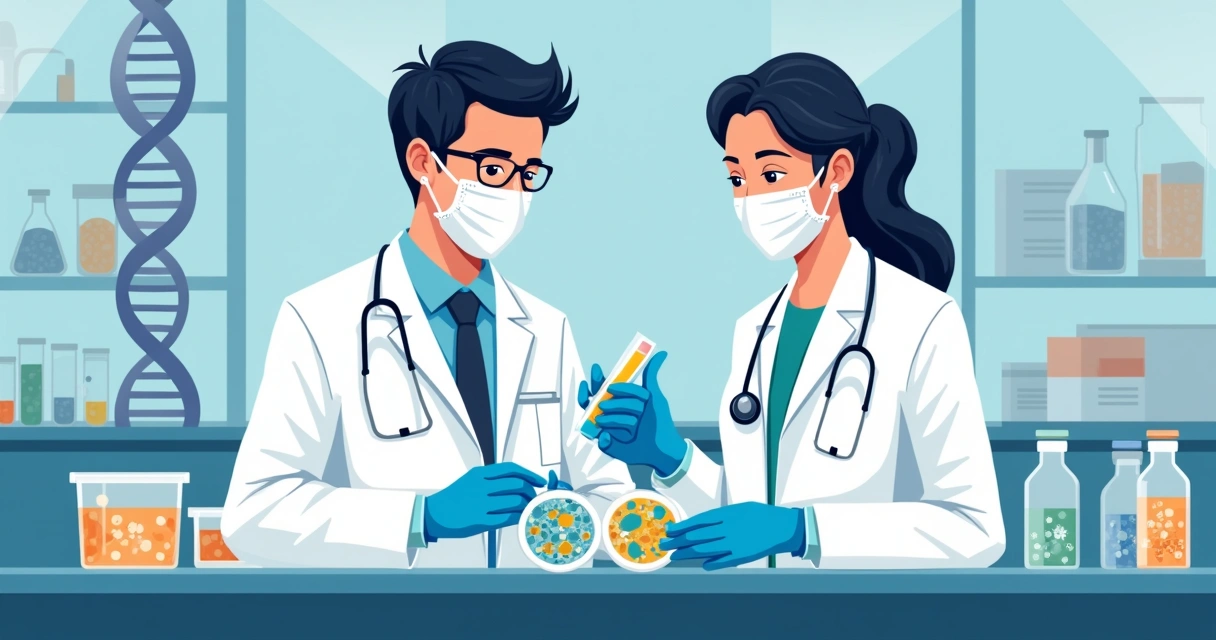 Nomenclatura e características clínicas dos estreptococos de A a G 5 Ilustração mostrando profissionais de saúde analisando culturas bacterianas em laboratório