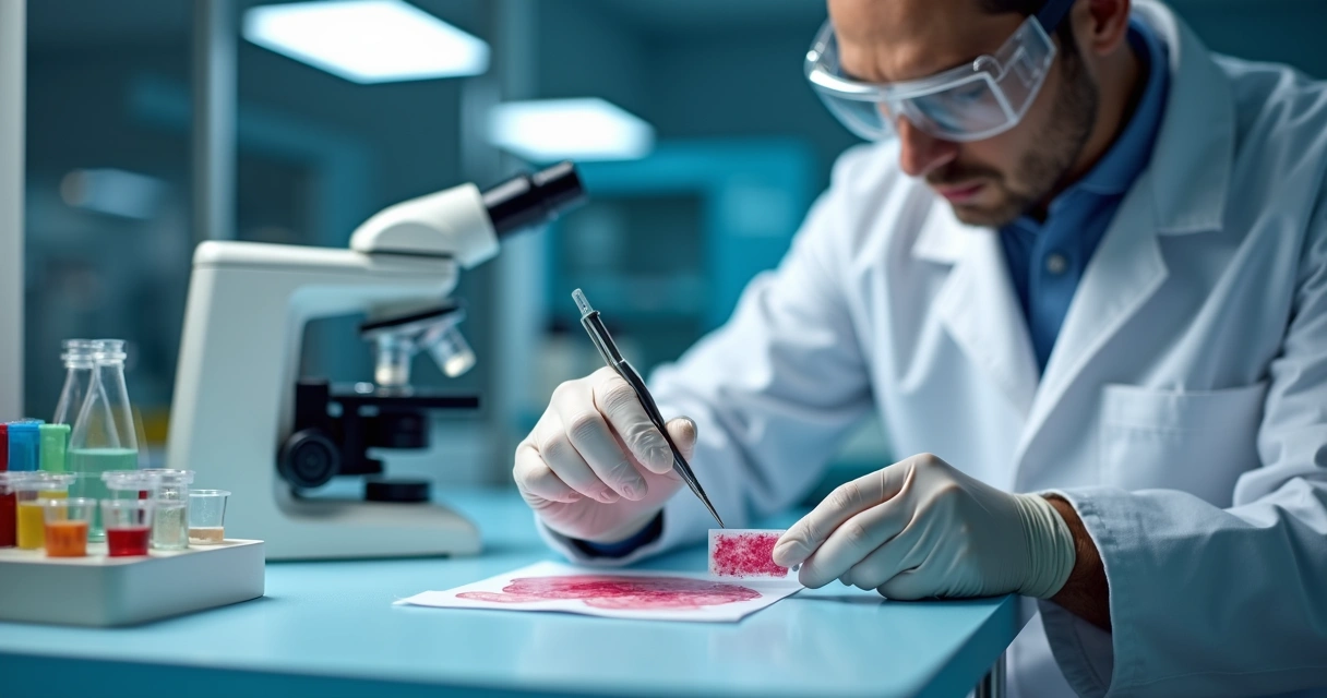 Técnico de laboratório analisando amostra de pele em lâmina de microscópio 