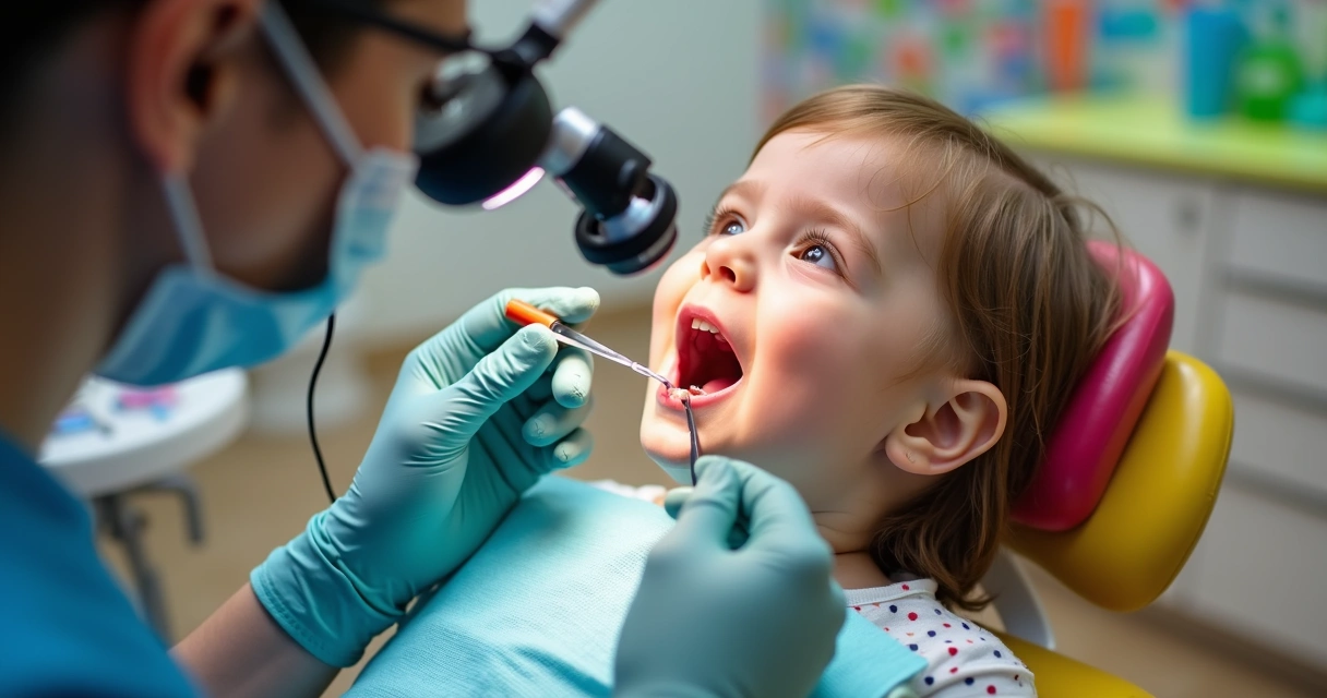 Odontopediatra usando lupa binocular para examinar uma criança 