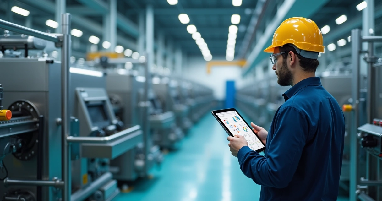 Engenheiro examinando equipamentos com tablet em fábrica industrial 