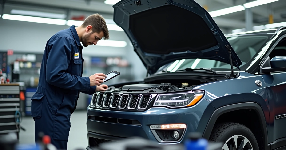 Técnico fazendo diagnóstico com scanner em Jeep Compass na oficina