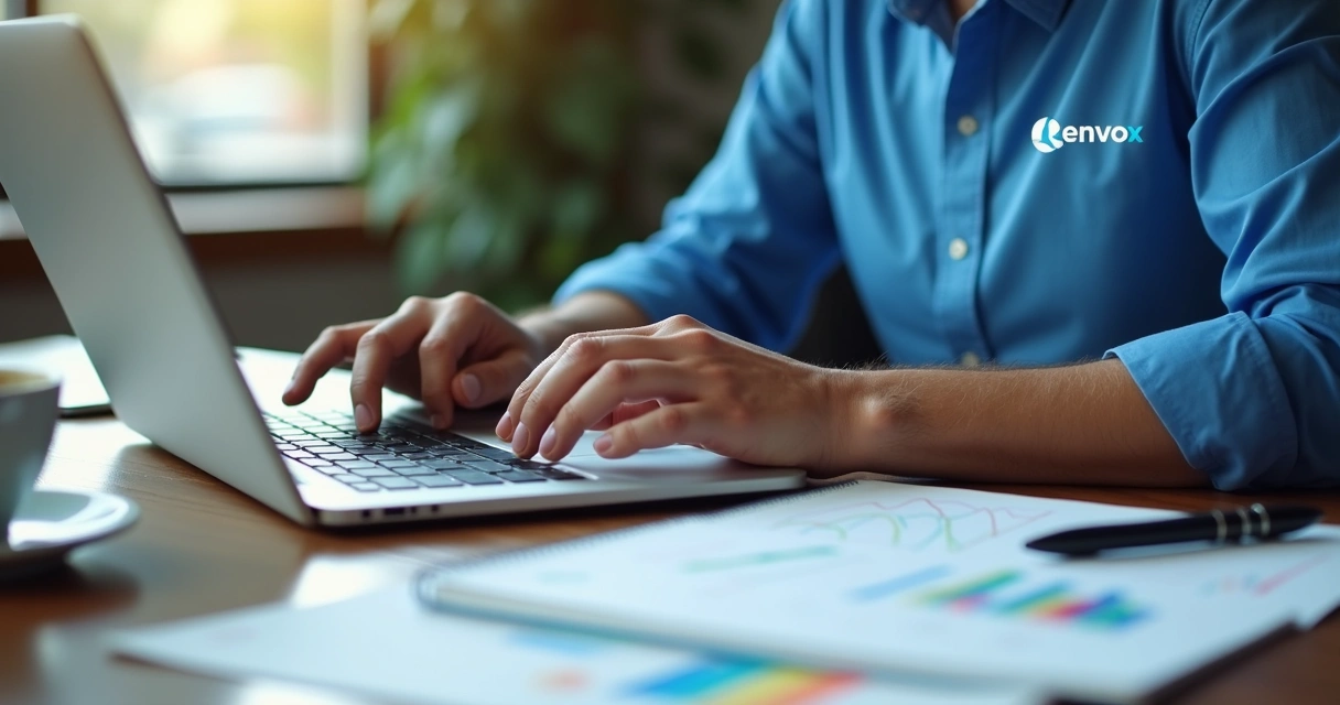 Consultor Envox analisando indicadores de campanha no notebook