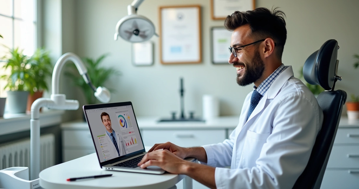Dentista e consultor discutindo diagnóstico de marketing por videochamada 