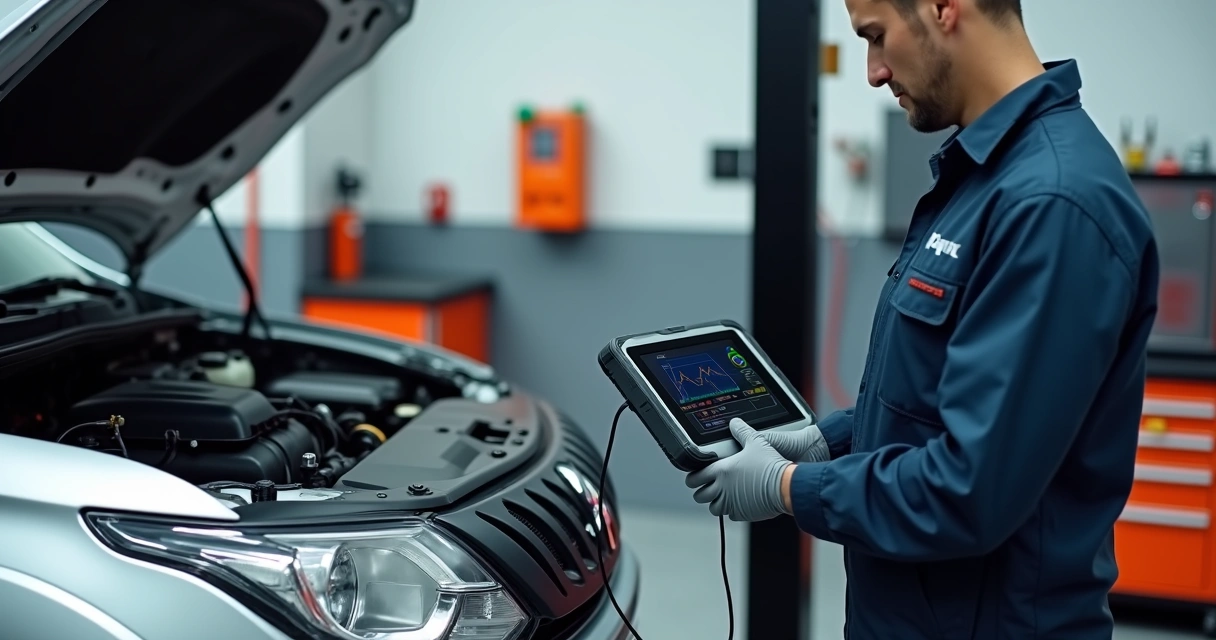 Técnico usando scanner para diagnóstico no motor de uma caminhonete na oficina