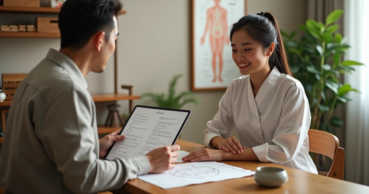 Acupunturista conversando com paciente em consulta detalhada de medicina chinesa 