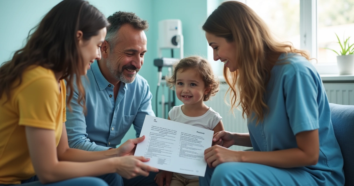 Médico segurando exame de criança e família lendo apólice de seguro 
