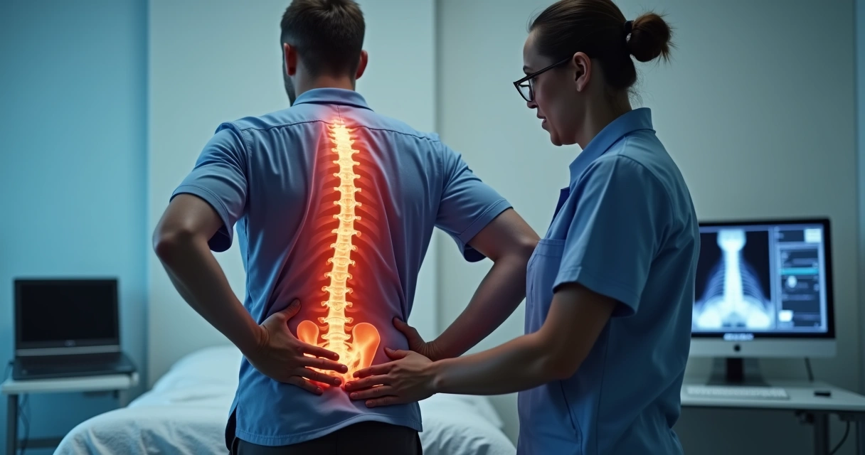 Médico examinando as costas de um paciente em consultório 