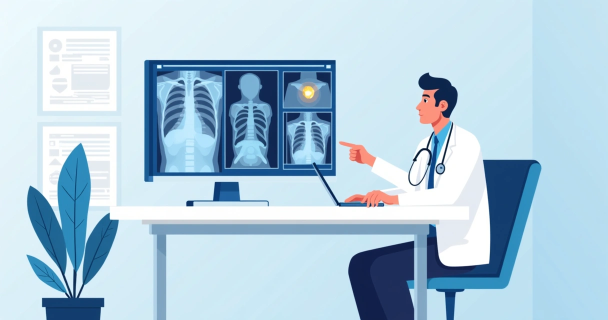 Paciente com médico analisando exames diagnósticos 