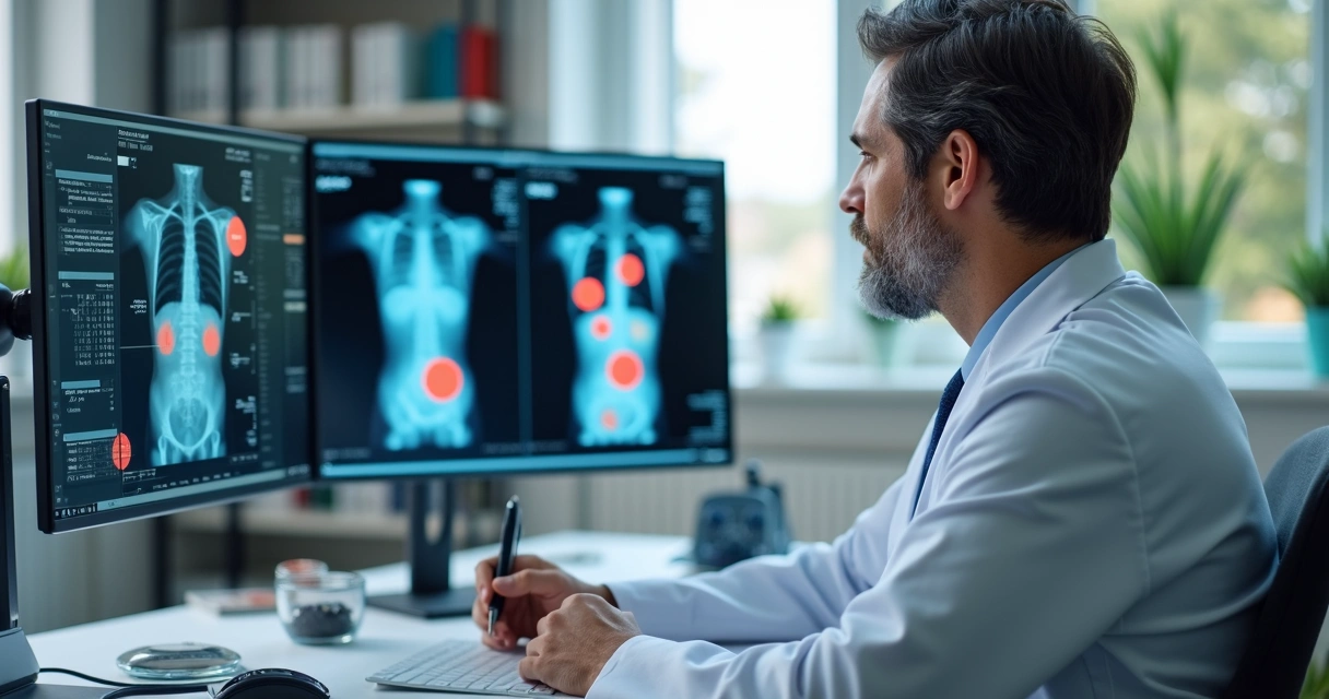 Médico analisando exames de imagem em tela com suporte de inteligência artificial 