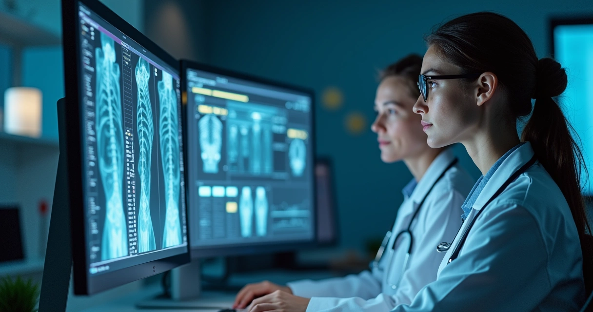 Computador analisando exames médicos em consultório moderno 