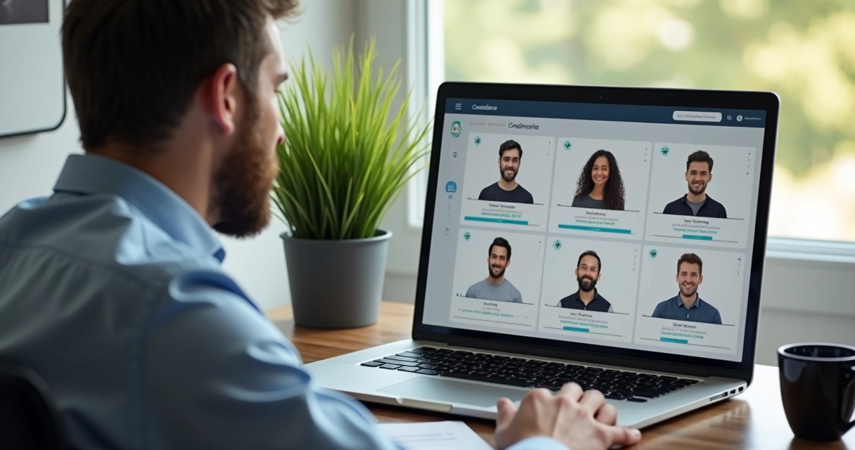 Mentor analisando perfil do mentorado em notebook 
