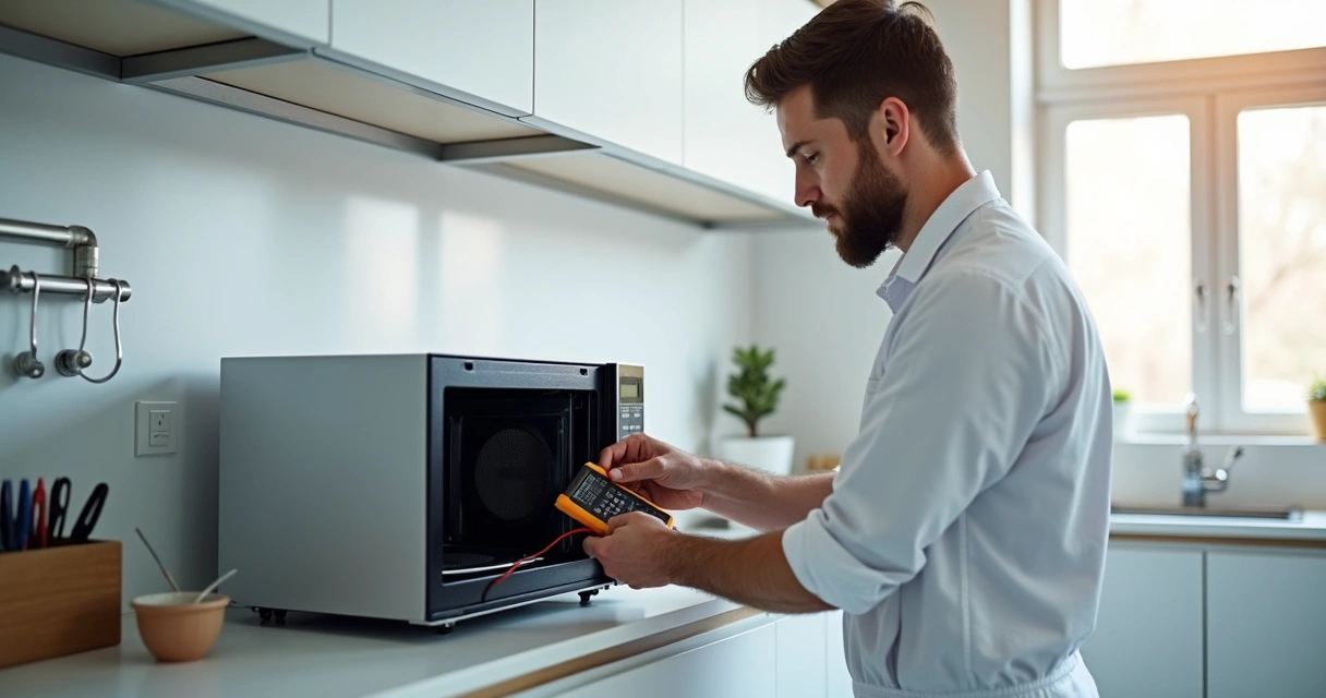 Técnico faz diagnóstico elétrico em micro-ondas aberto 