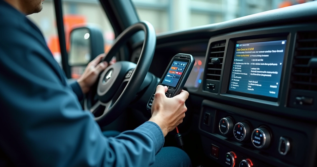 Técnico usando scanner automotivo em módulo eletrônico de caminhão 