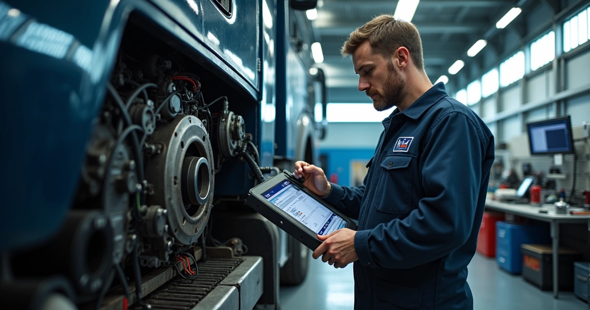 Técnico faz diagnóstico computadorizado em motor diesel