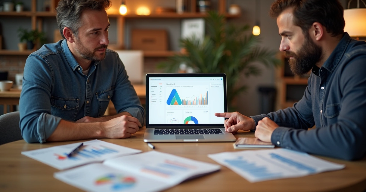 Consultor analisando métricas de campanha Google Ads com cliente local 