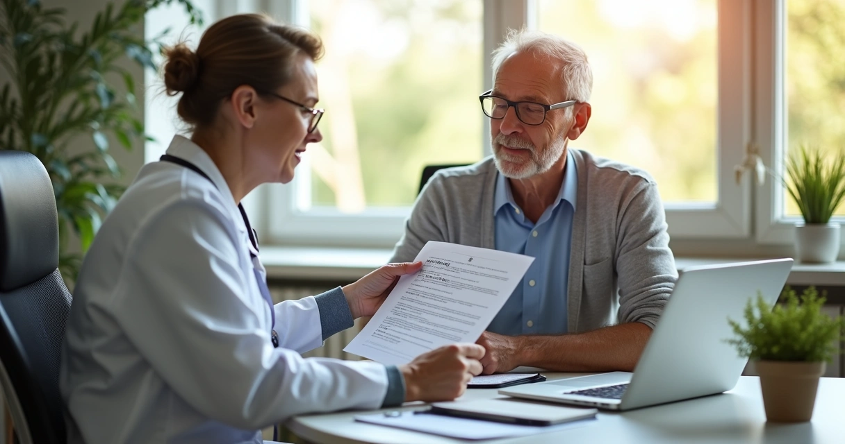 Profissional de saúde mostrando laudo médico a adulto sentado 