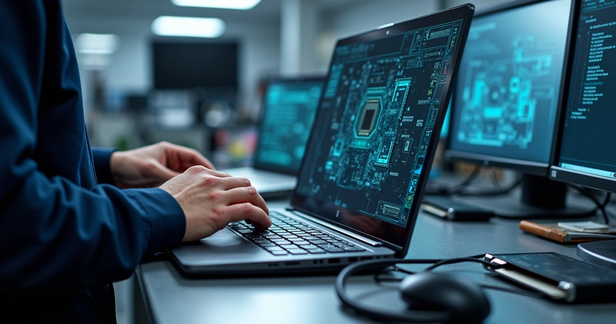 Técnico verificando notebook aberto em bancada de manutenção 