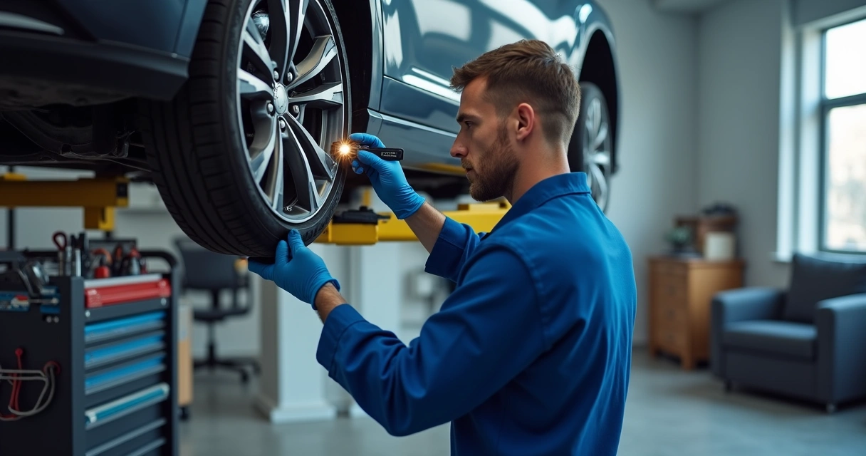 Mecânico avaliando junta homocinética de carro suspenso em oficina. 