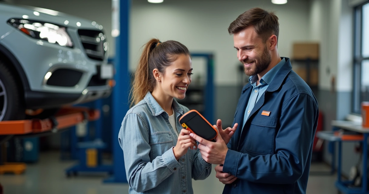Mecânico e mulher cliente analisando juntos scanner de diagnóstico em oficina iluminada, carros ao fundo.