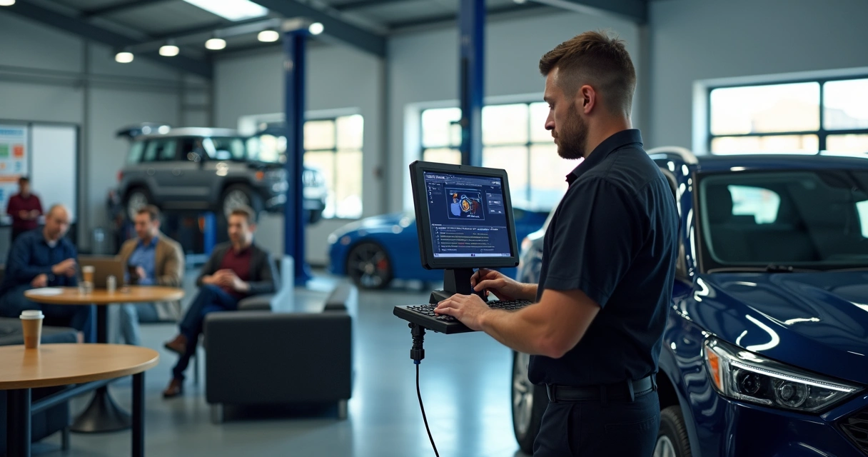 Técnico operando scanner de diagnóstico automotivo em oficina bem iluminada com elevadores, clientes aguardando em sala confortável