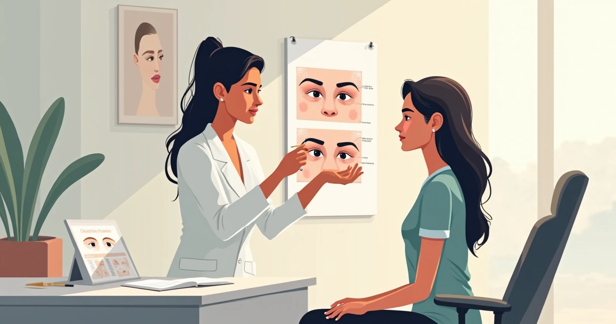 Profissional avaliando a região dos olhos de paciente para diagnóstico de olheiras 