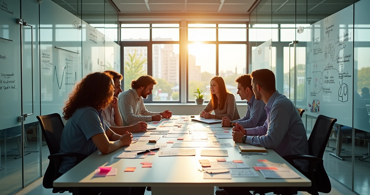 Equipe analisando fluxos de processos em mapas de operações 
