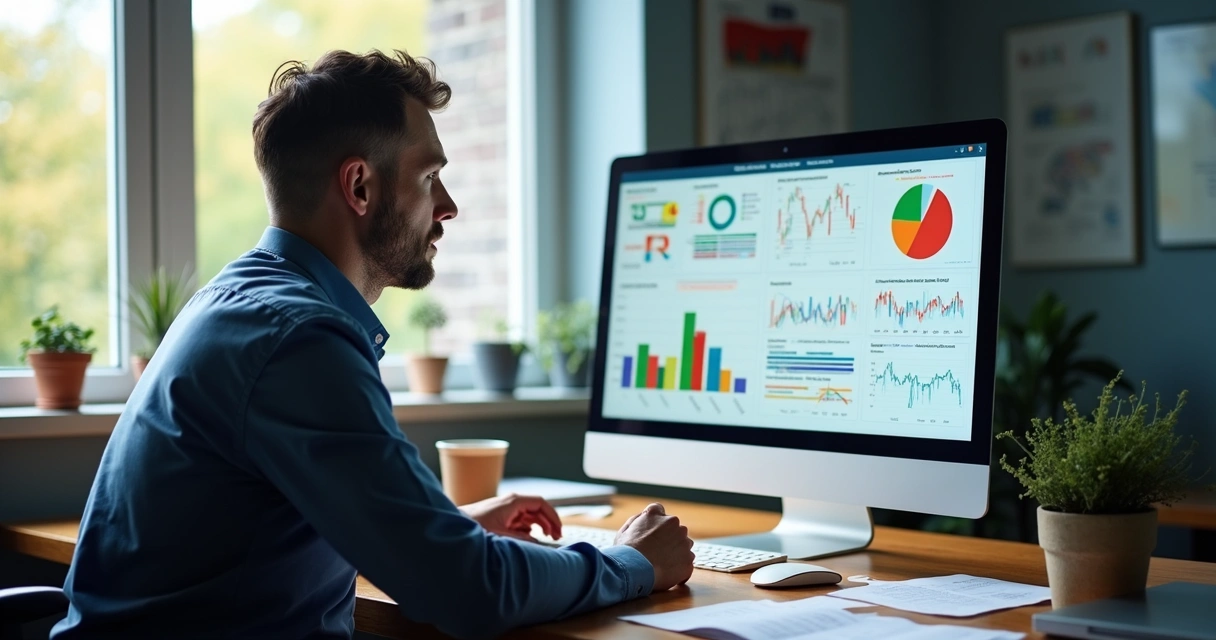 Profissional analisando gráficos coloridos em uma tela de computador 