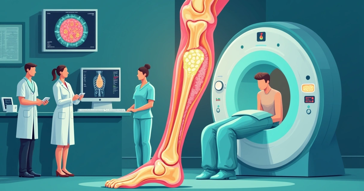 Ilustração de exame de ressonância magnética de um osso com sinais de infecção 