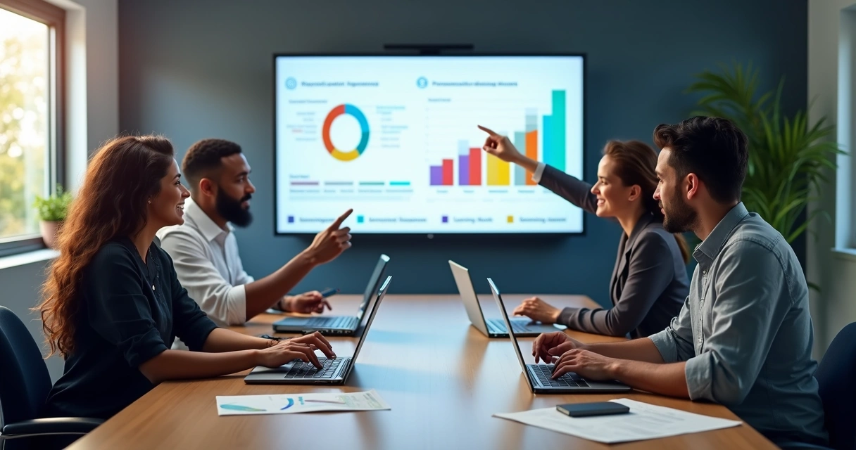 Equipe empresarial discutindo diagnóstico de aprendizagem com gráficos e tecnologia digital em sala moderna 