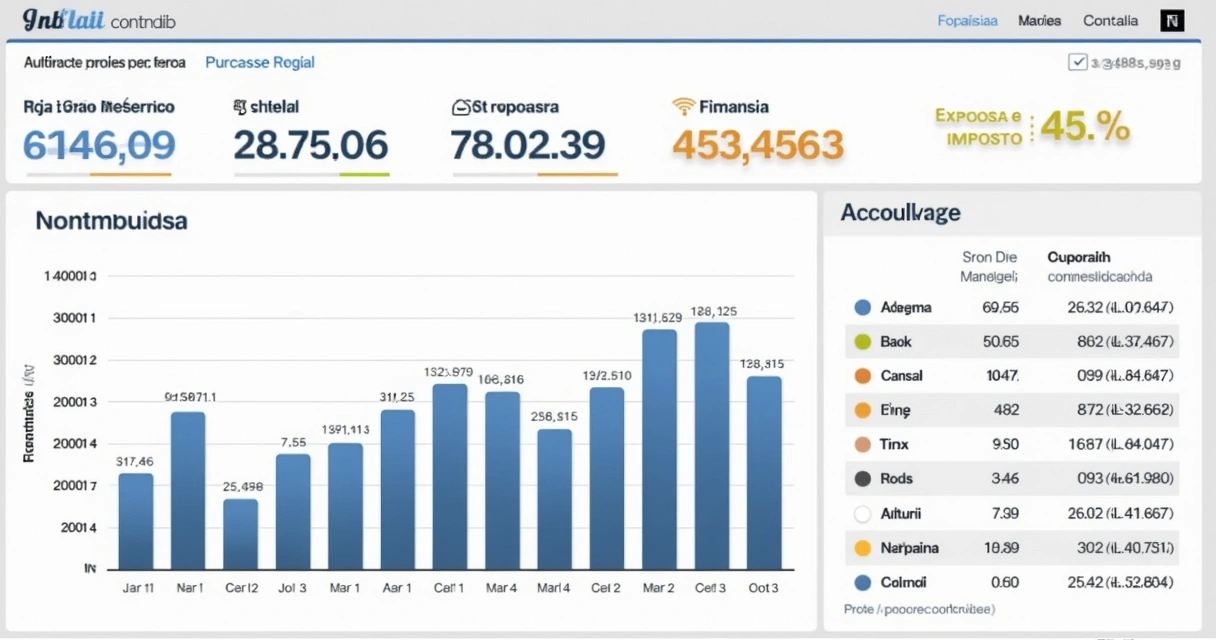 Infográfico simulando análise de diagnóstico contábil com gráficos, caixas de texto, destaques e dados de uma empresa 