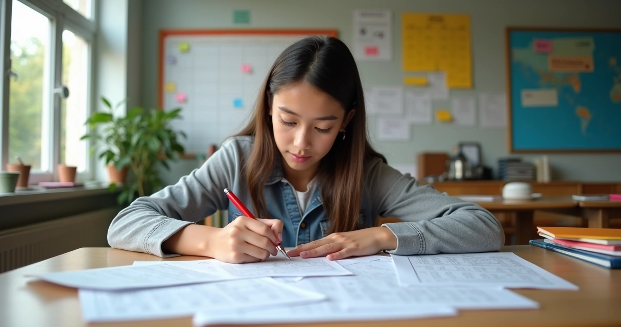 Estudante sentado com provas antigas, marcando erros com caneta vermelha 