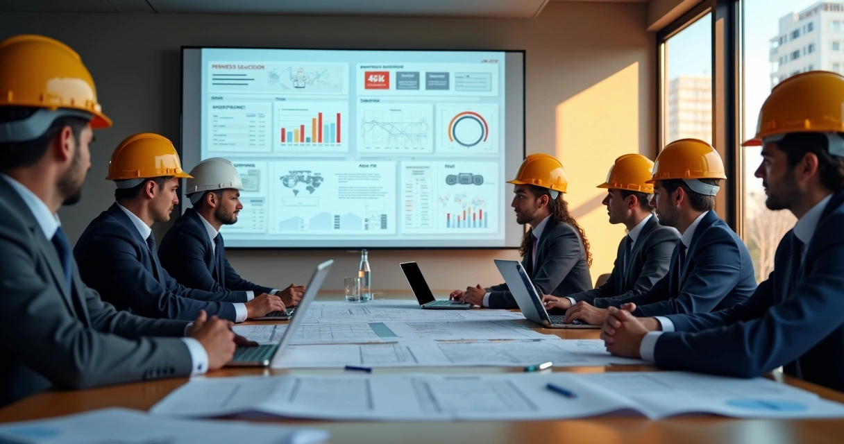 Reunião de equipe analisando pranchetas e gráficos sobre pós-obra 