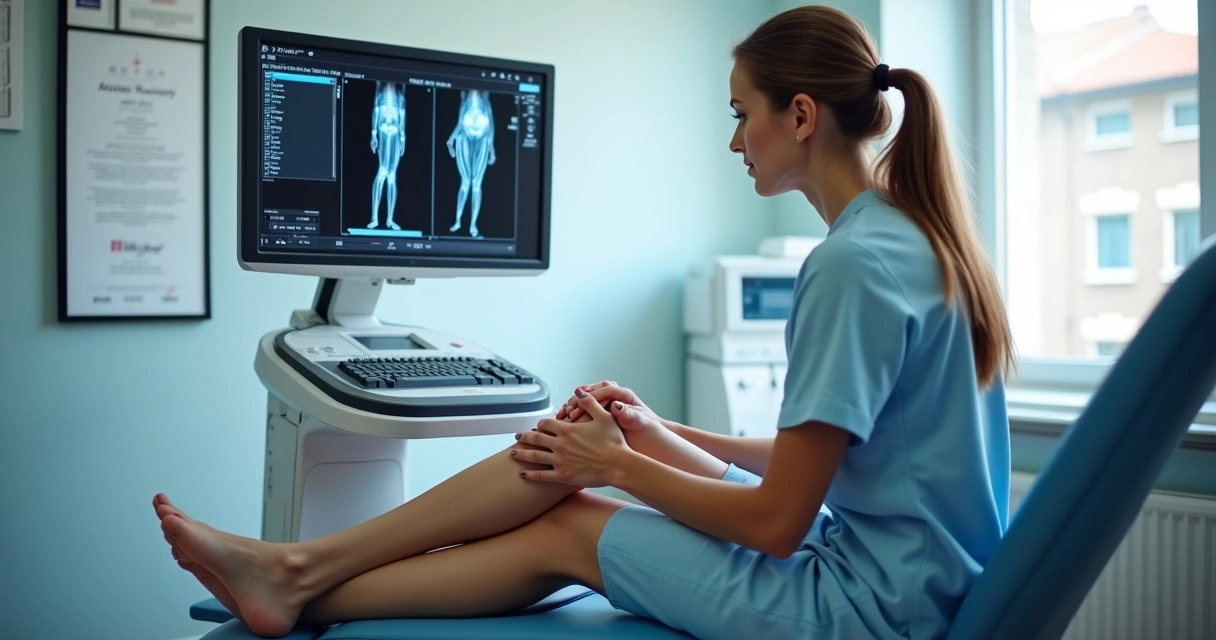 Médica faz exame vascular ultrassom em paciente, consultório moderno, monitor com imagem de veia 