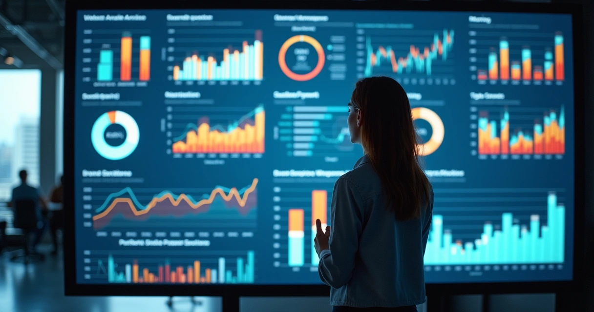 Mulher analisando um dashboard de diagnóstico de presença digital em tela grande 