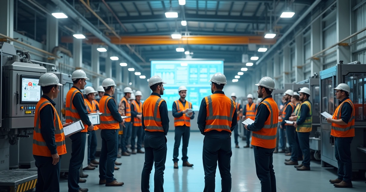 Equipe analisando fluxo de produção com painéis de indicadores na fábrica 