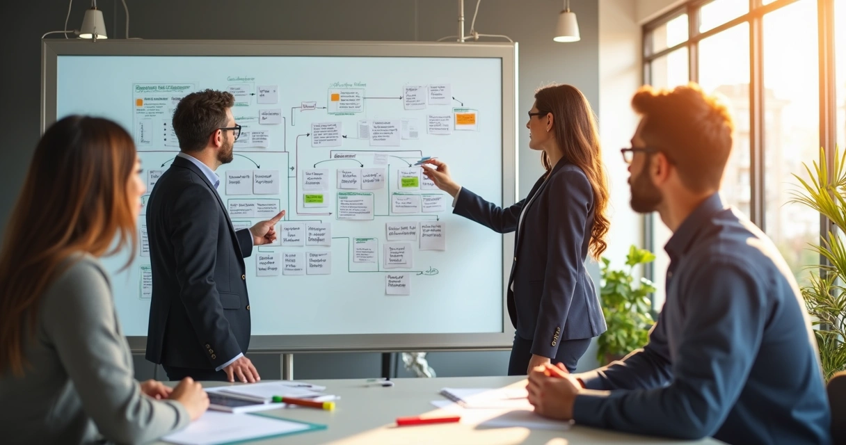 Lousa com processo de vendas desenhado e pessoas discutindo em volta 