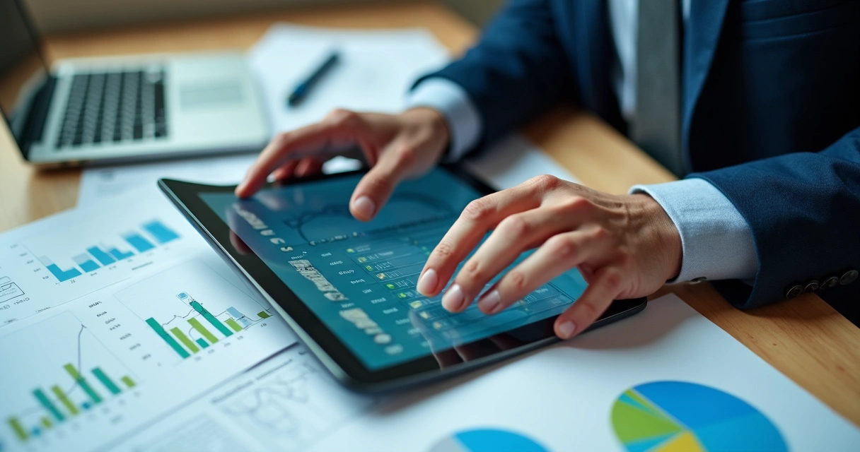 Consultor analisando fluxos de vendas digitais em tablet 
