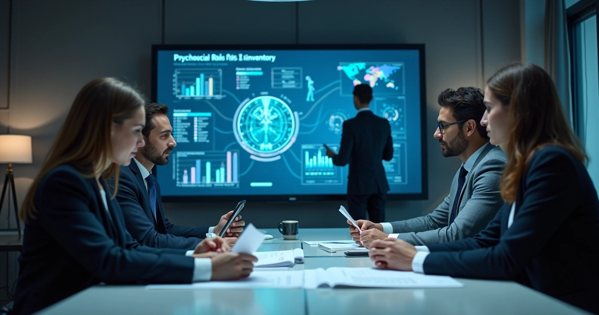 Reunião de equipe analisando inventário de riscos no escritório 