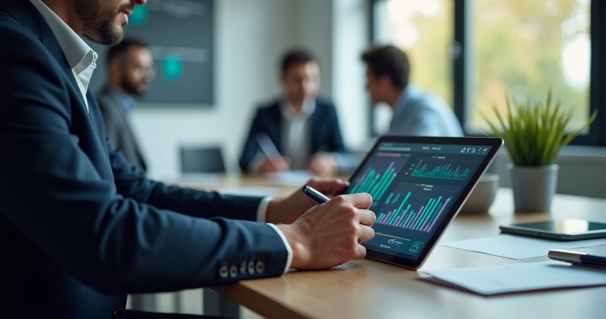Profissional segura tablet com gráficos confidenciais