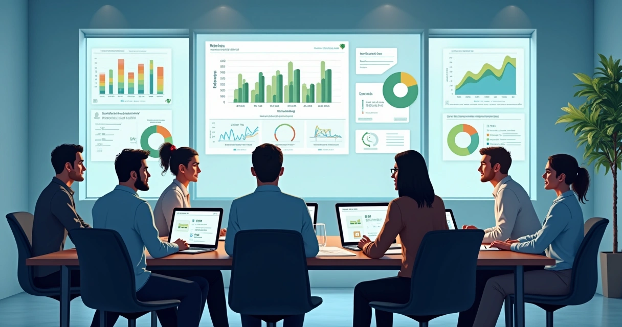 Profissionais analisando dados de bem-estar e clima organizacional na tela de computador 