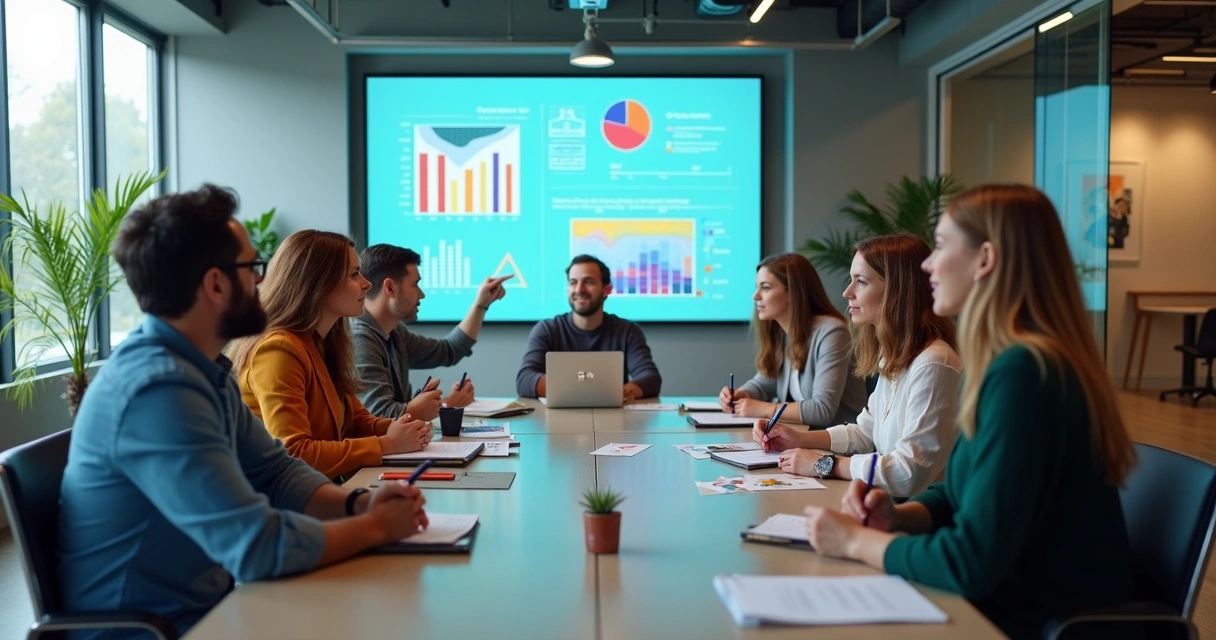 Colaboradores reunidos analisando dados psicossociais no trabalho