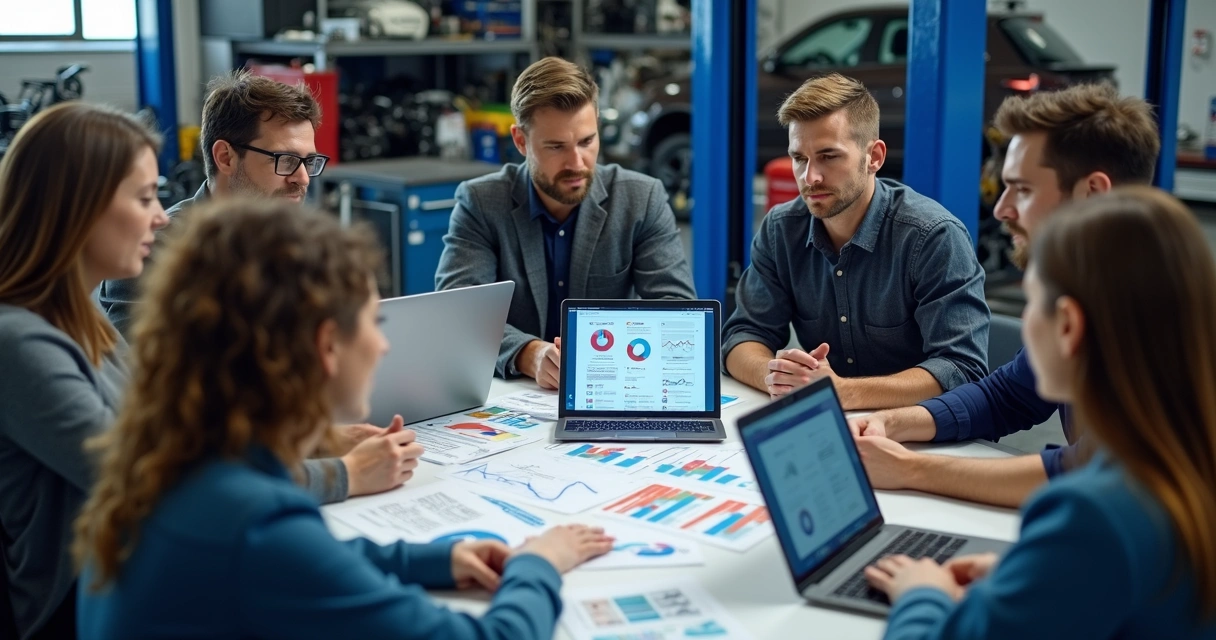 Equipe reunida analisando perfil de clientes em computadores e papel 